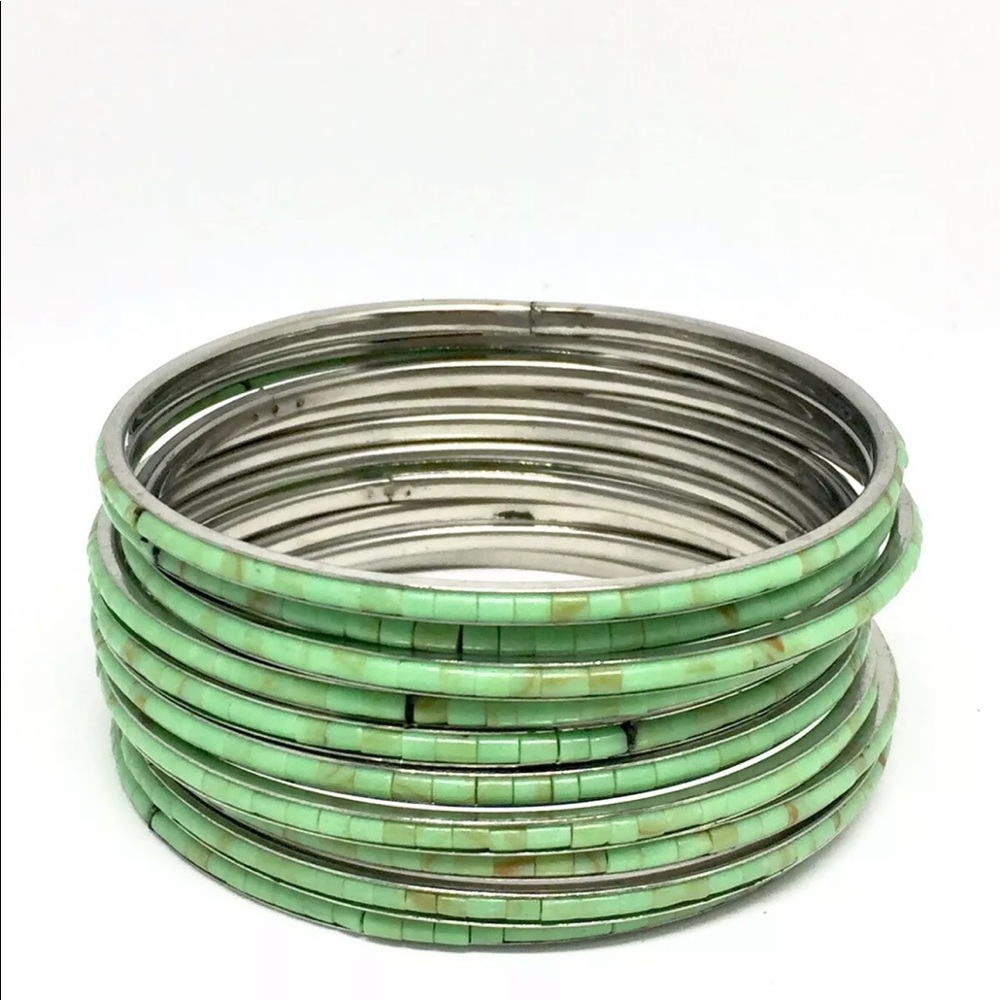 Stack Of 10 Bangles Bracelets Inlaid She’ll Handmade Turquoise - Picture 11 of 14
